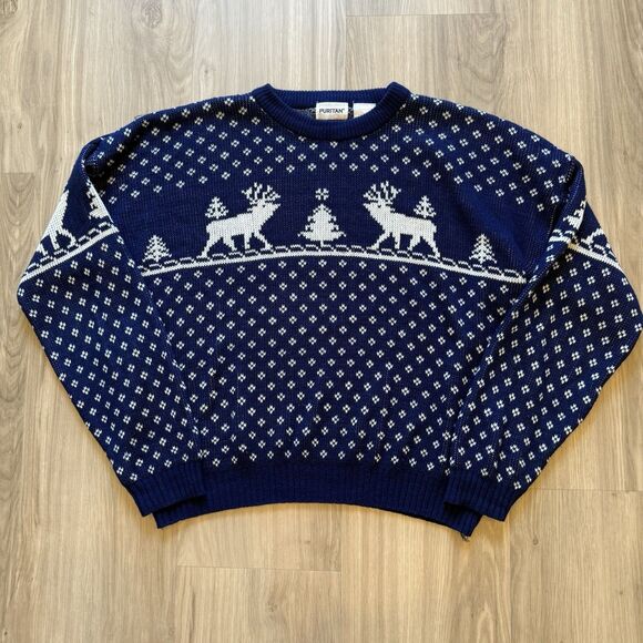 Vtg Puritan XL Christmas Holiday Sweater Navy Blue Reindeer 100% Acrylic Read - Picture 1 of 8